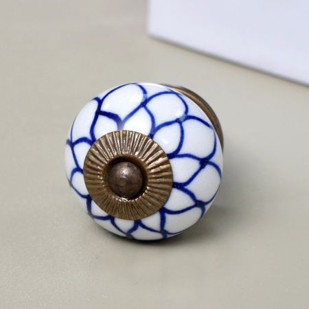 White Ceramic Blue Floral Knob for Cabinet
